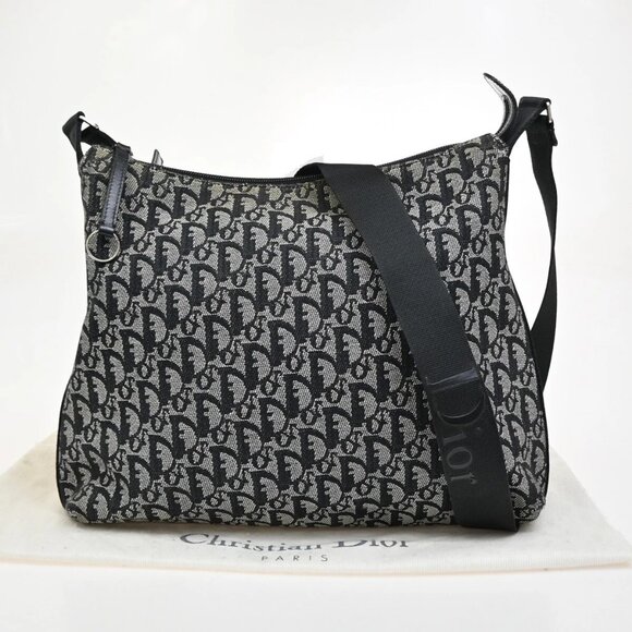 CHRISTIAN DIOR Logo Trotter Pattern Shoulder Bag Canvas Leather Black 32EE968